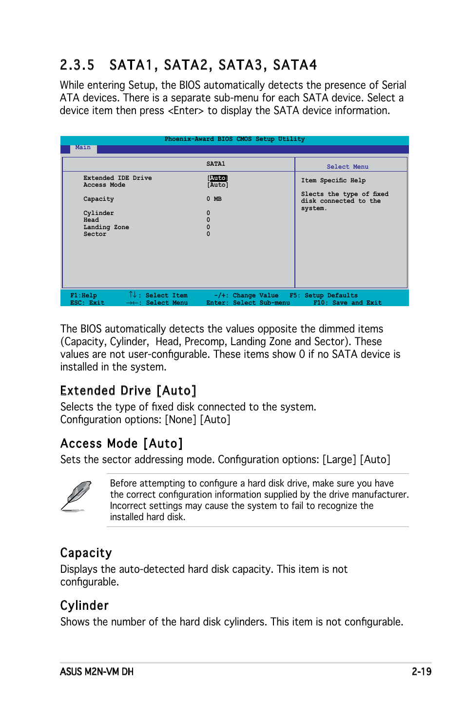 Extended drive [auto, Access mode [auto, Capacity | Cylinder | Asus M2N-VM DH User Manual | Page 67 / 102