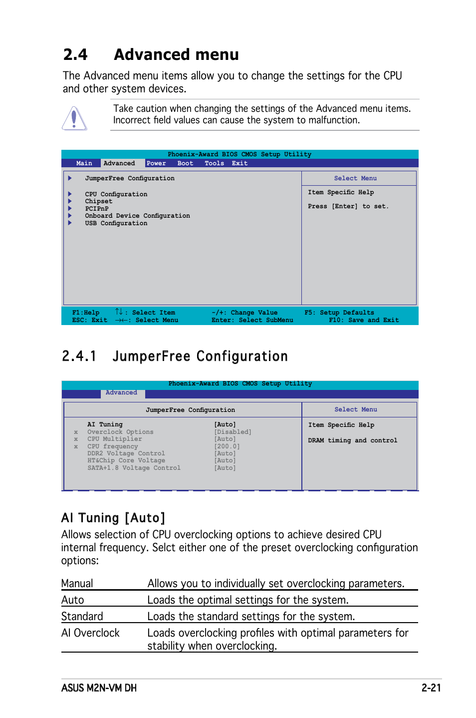 4 advanced menu, 1 jumperfree configuration, Ai tuning [auto | Asus M2N-VM DH User Manual | Page 69 / 102