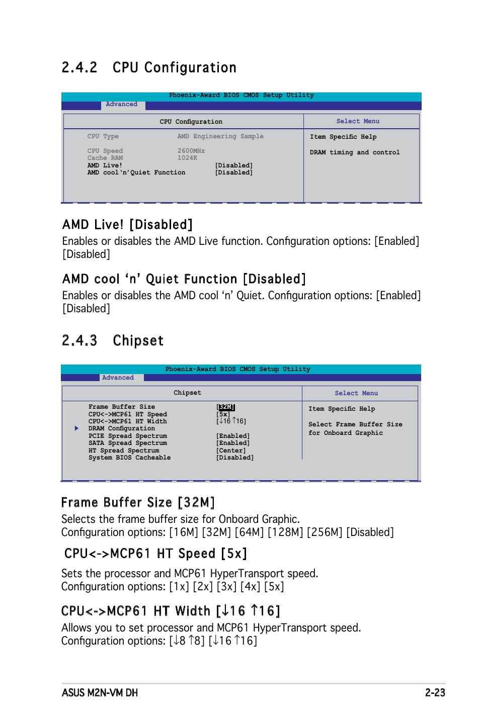 3 chipset 2.4.2 cpu configuration, Amd live! [disabled, Amd cool ‘n’ quiet function [disabled | Frame buffer size [32m, Cpu<->mcp61 ht speed [5x | Asus M2N-VM DH User Manual | Page 71 / 102