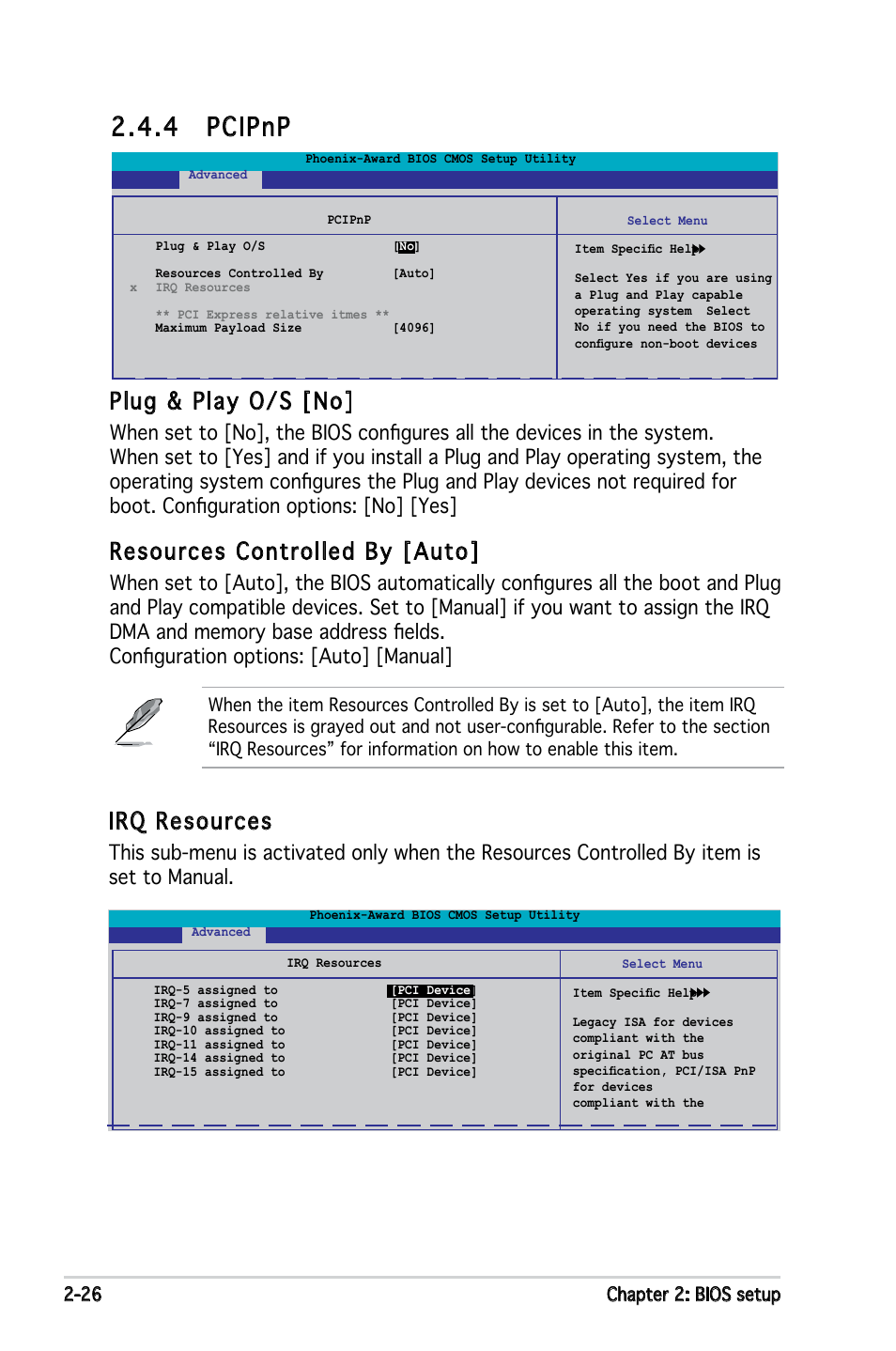 4 pcipnp, Plug & play o/s [no, Resources controlled by [auto | Irq resources | Asus M2N-VM DH User Manual | Page 74 / 102