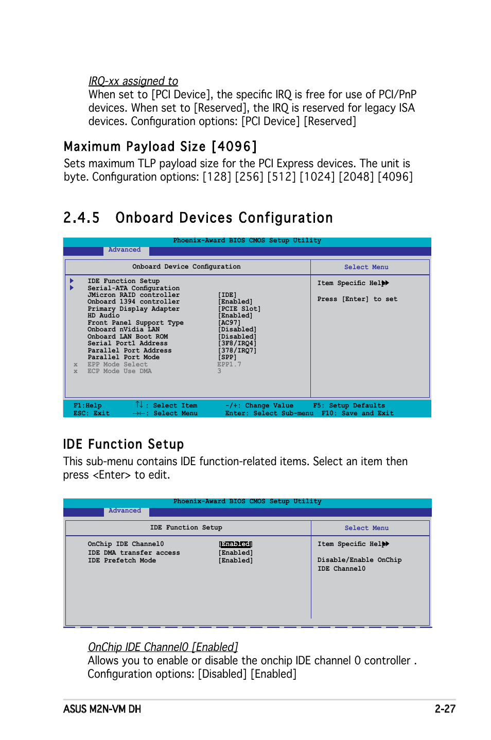 5 onboard devices configuration, Maximum payload size [4096, Ide function setup | Asus m2n-vm dh 2-27 | Asus M2N-VM DH User Manual | Page 75 / 102