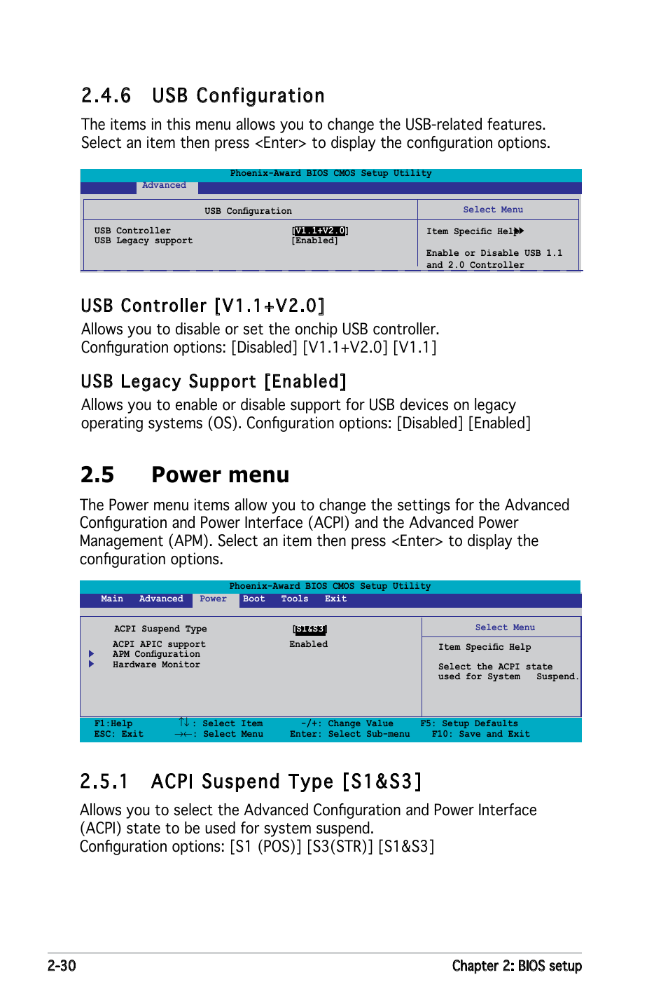 5 power menu, 1 acpi suspend type [s1&s3, 6 usb configuration | Usb controller [v1.1+v2.0, Usb legacy support [enabled | Asus M2N-VM DH User Manual | Page 78 / 102