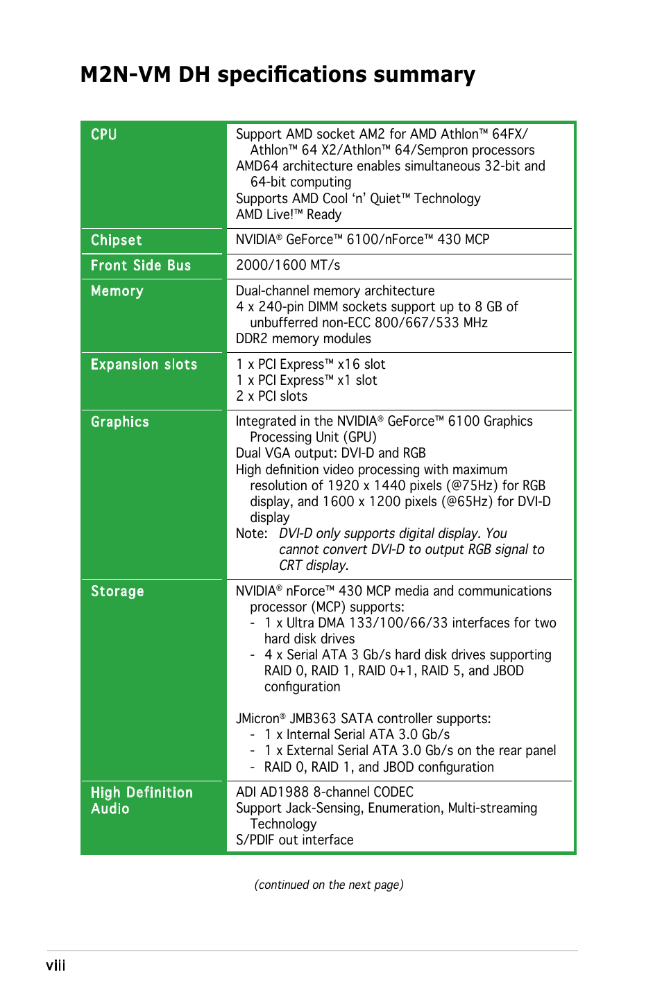 M2n-vm dh specifications summary | Asus M2N-VM DH User Manual | Page 8 / 102