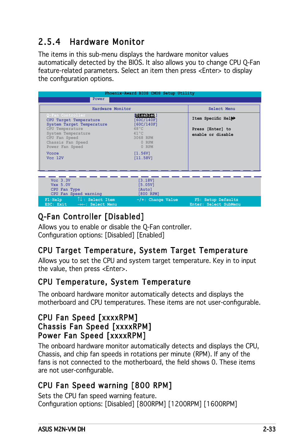 4 hardware monitor, Q-fan controller [disabled, Cpu target temperature, system target temperature | Cpu temperature, system temperature, Cpu fan speed warning [800 rpm | Asus M2N-VM DH User Manual | Page 81 / 102