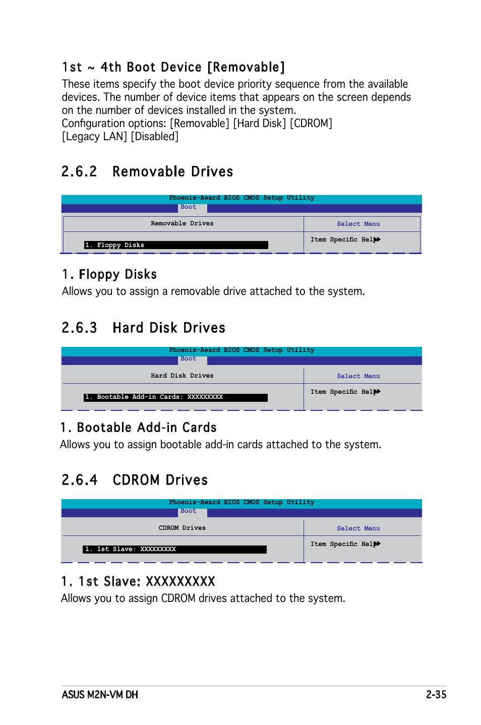 2 removable drives, 3 hard disk drives, 4 cdrom drives | 1st ~ 4th boot device [removable, Floppy disks, Bootable add-in cards | Asus M2N-VM DH User Manual | Page 83 / 102