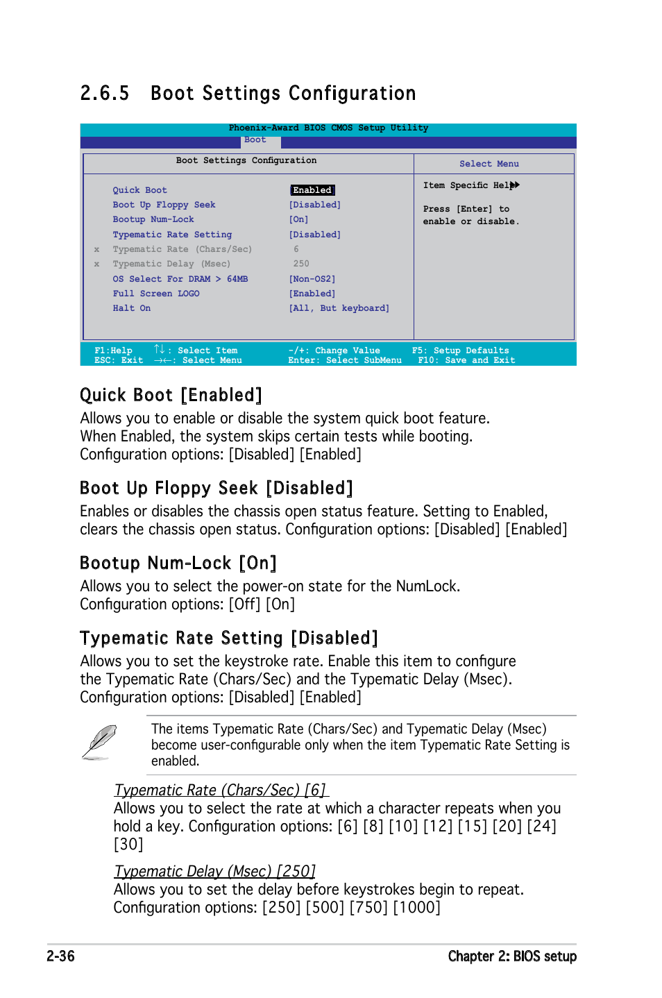 5 boot settings configuration, Quick boot [enabled, Boot up floppy seek [disabled | Bootup num-lock [on, Typematic rate setting [disabled | Asus M2N-VM DH User Manual | Page 84 / 102