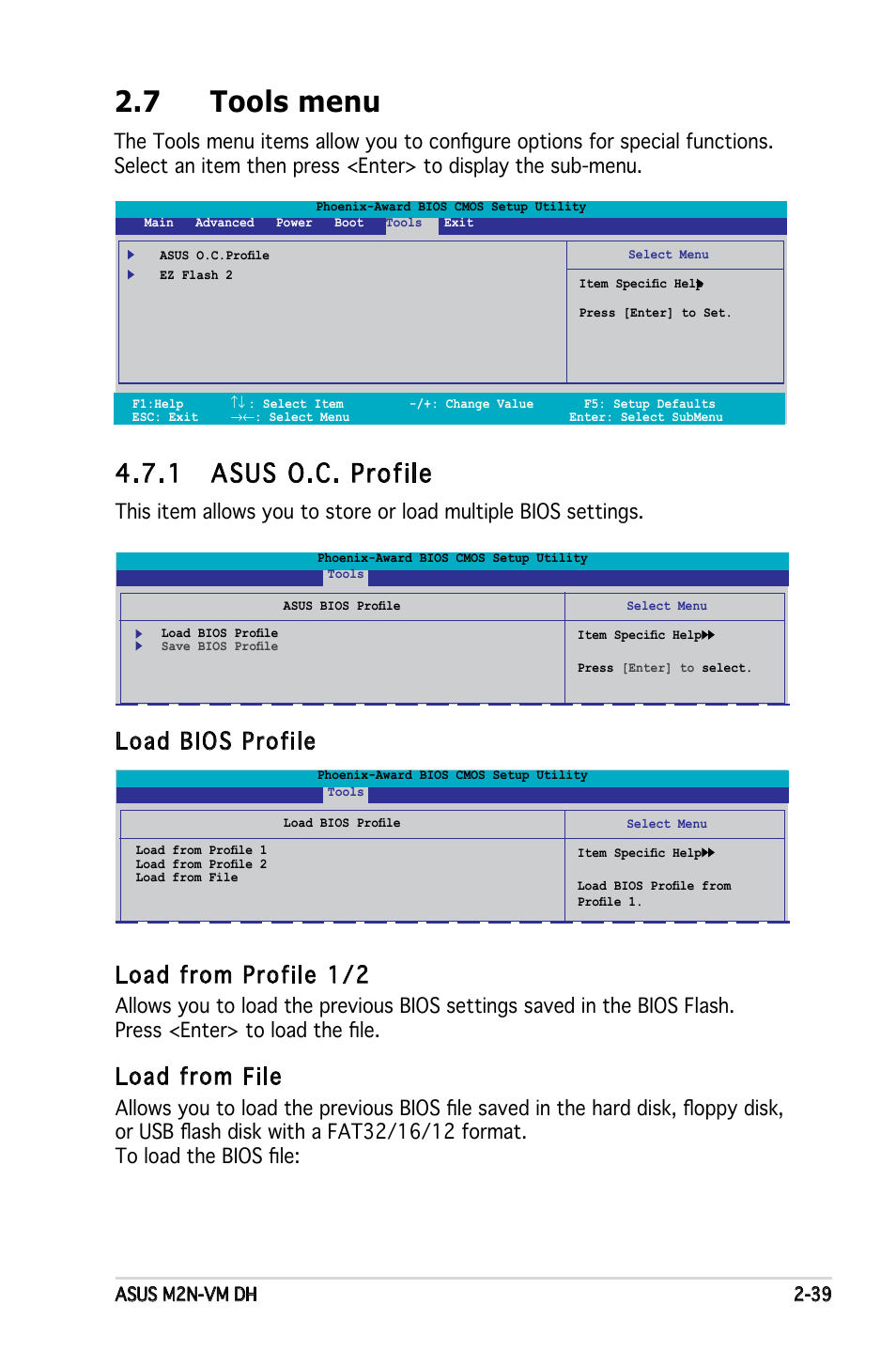 7 tools menu, 1 asus o.c. profile, Load bios profile load from profile 1/2 | Load from file | Asus M2N-VM DH User Manual | Page 87 / 102