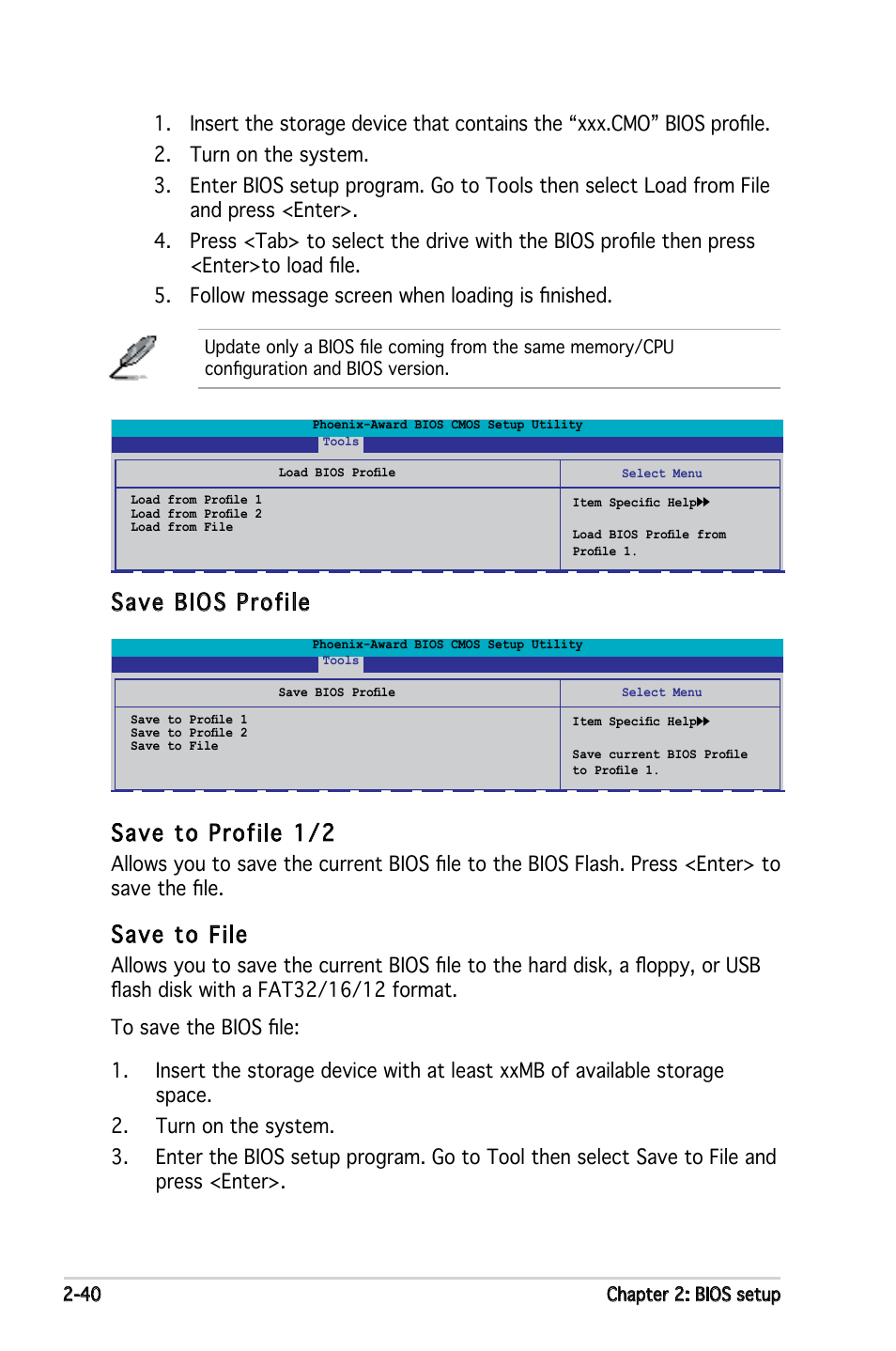 Save bios profile save to profile 1/2, Save to file | Asus M2N-VM DH User Manual | Page 88 / 102