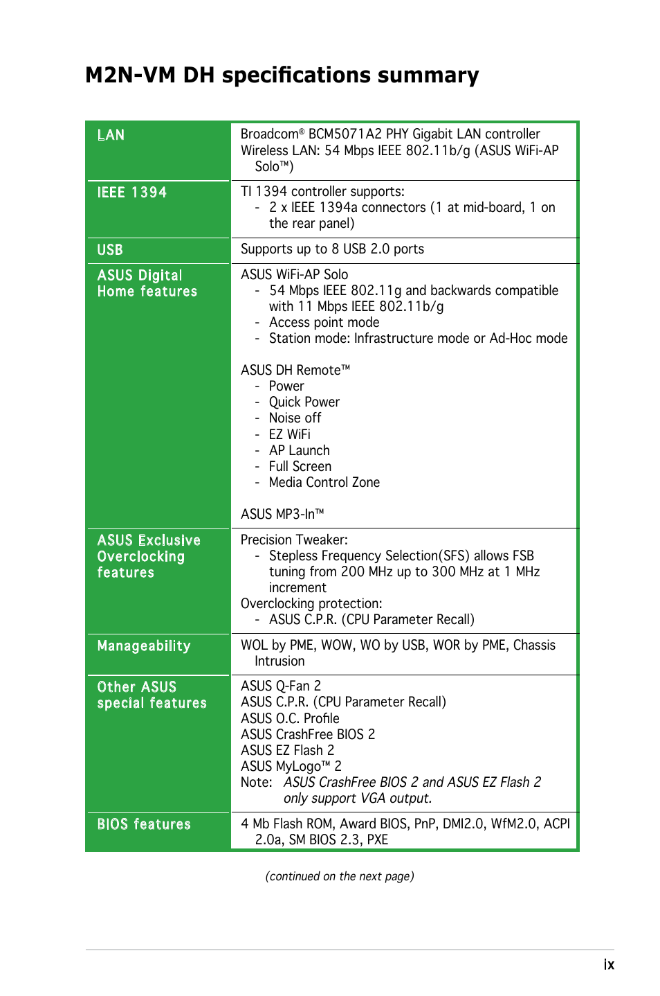 M2n-vm dh specifications summary | Asus M2N-VM DH User Manual | Page 9 / 102