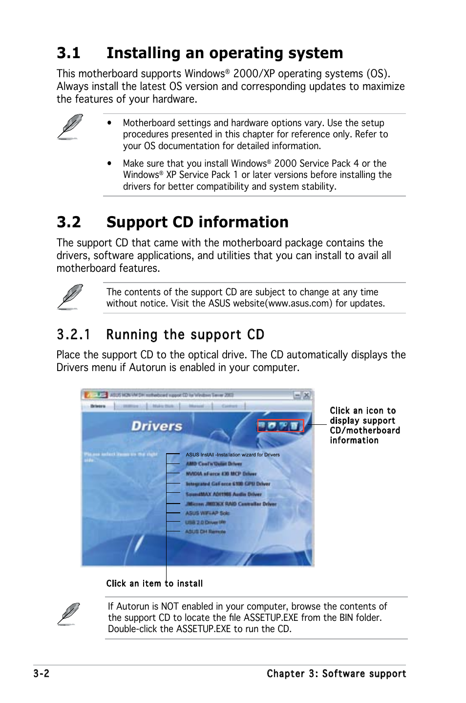 1 installing an operating system, 2 support cd information, 1 running the support cd | Asus M2N-VM DH User Manual | Page 94 / 102