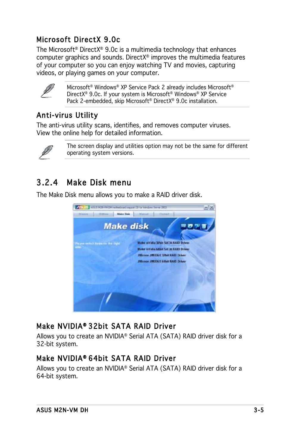 4 make disk menu, Anti-virus utility, Make nvidia | 32bit sata raid driver, 64bit sata raid driver, Microsoft directx 9.0c | Asus M2N-VM DH User Manual | Page 97 / 102