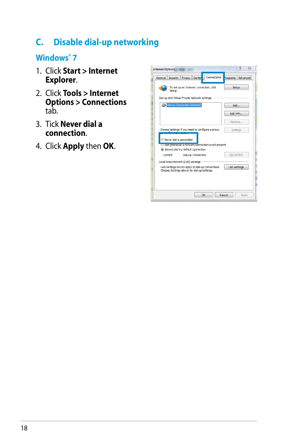 C. disable dial-up networking | Asus RT-N10P User Manual | Page 18 / 66