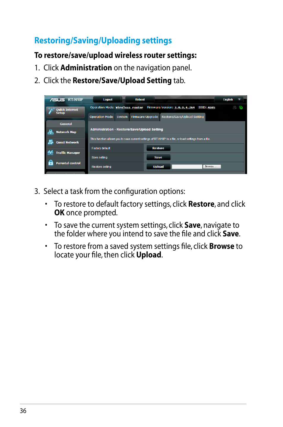 Restoring/saving/uploading settings | Asus RT-N10P User Manual | Page 36 / 66