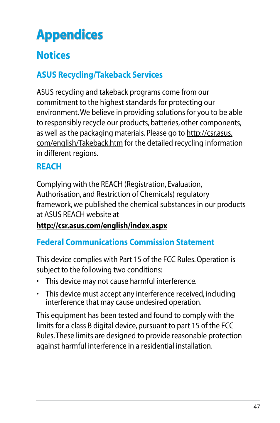 Appendices, Notices | Asus RT-N10P User Manual | Page 47 / 66