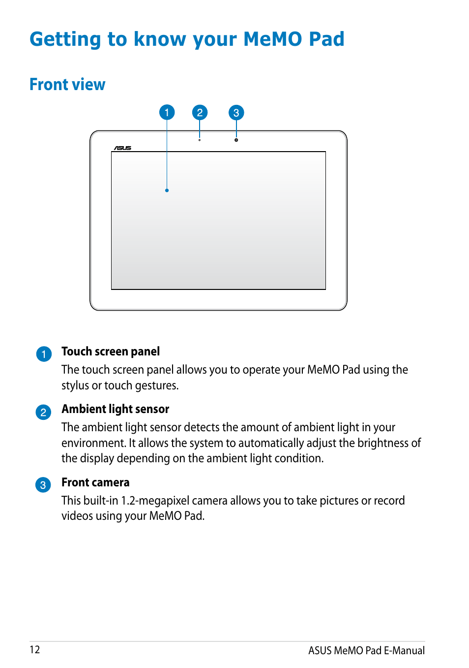 Getting to know your memo pad, Front view | Asus MeMO Pad Smart 10 User Manual | Page 12 / 92