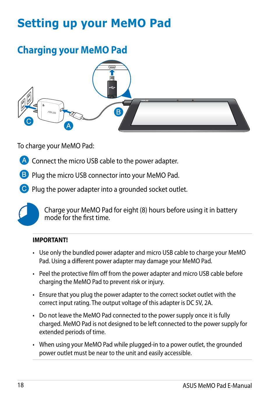 Setting up your memo pad, Charging your memo pad | Asus MeMO Pad Smart 10 User Manual | Page 18 / 92