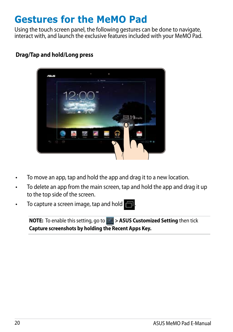 Gestures for the memo pad, Drag/tap and hold/long press | Asus MeMO Pad Smart 10 User Manual | Page 20 / 92