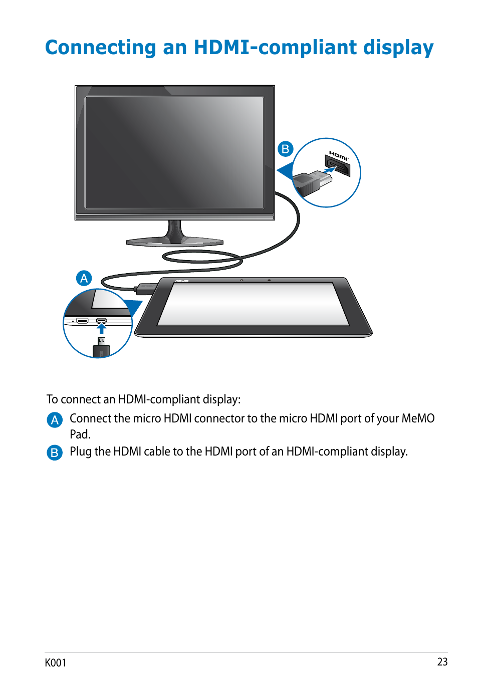 Connecting an hdmi-compliant display | Asus MeMO Pad Smart 10 User Manual | Page 23 / 92