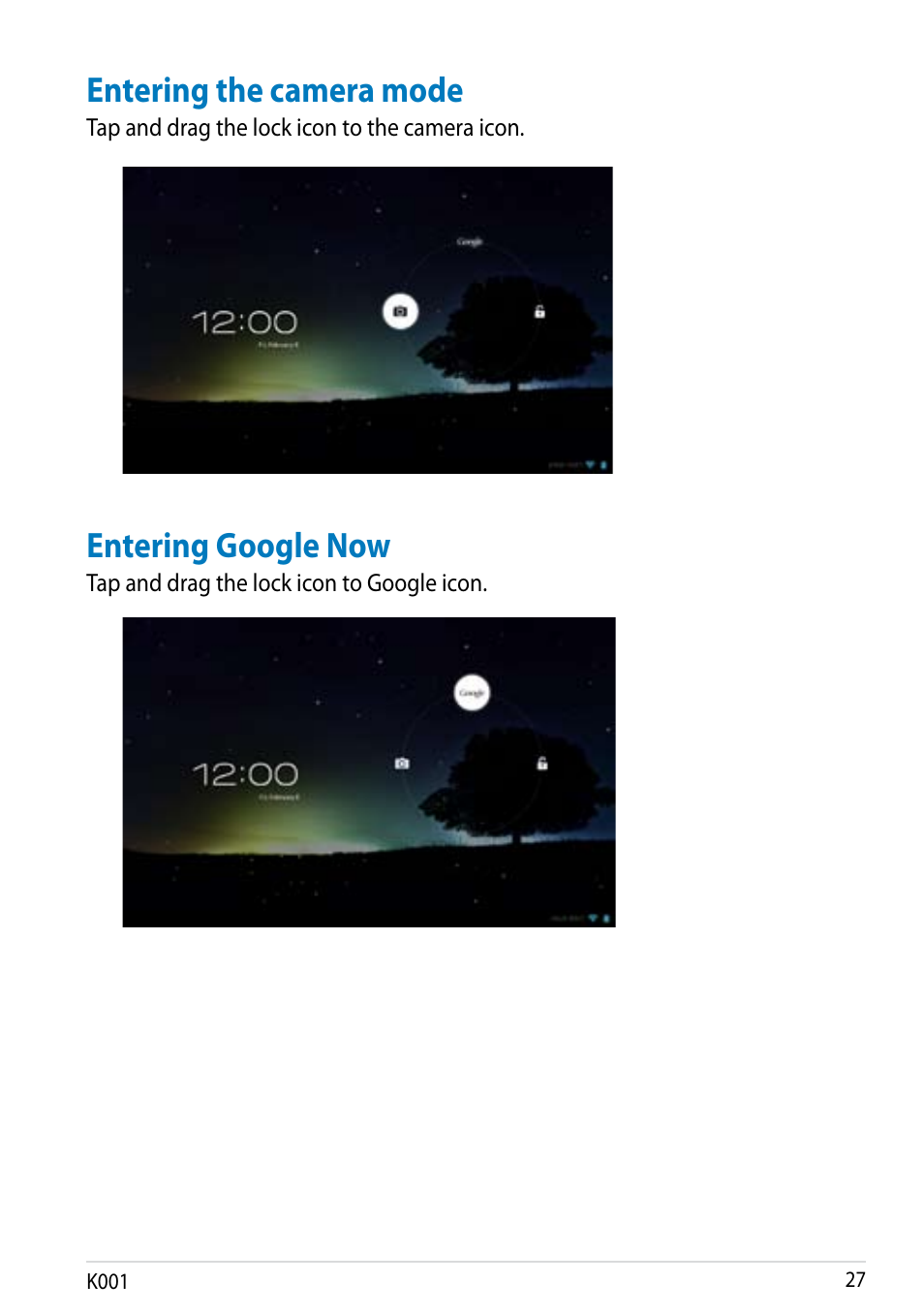 Entering the camera mode, Entering google now, Entering the camera mode entering google now | Asus MeMO Pad Smart 10 User Manual | Page 27 / 92