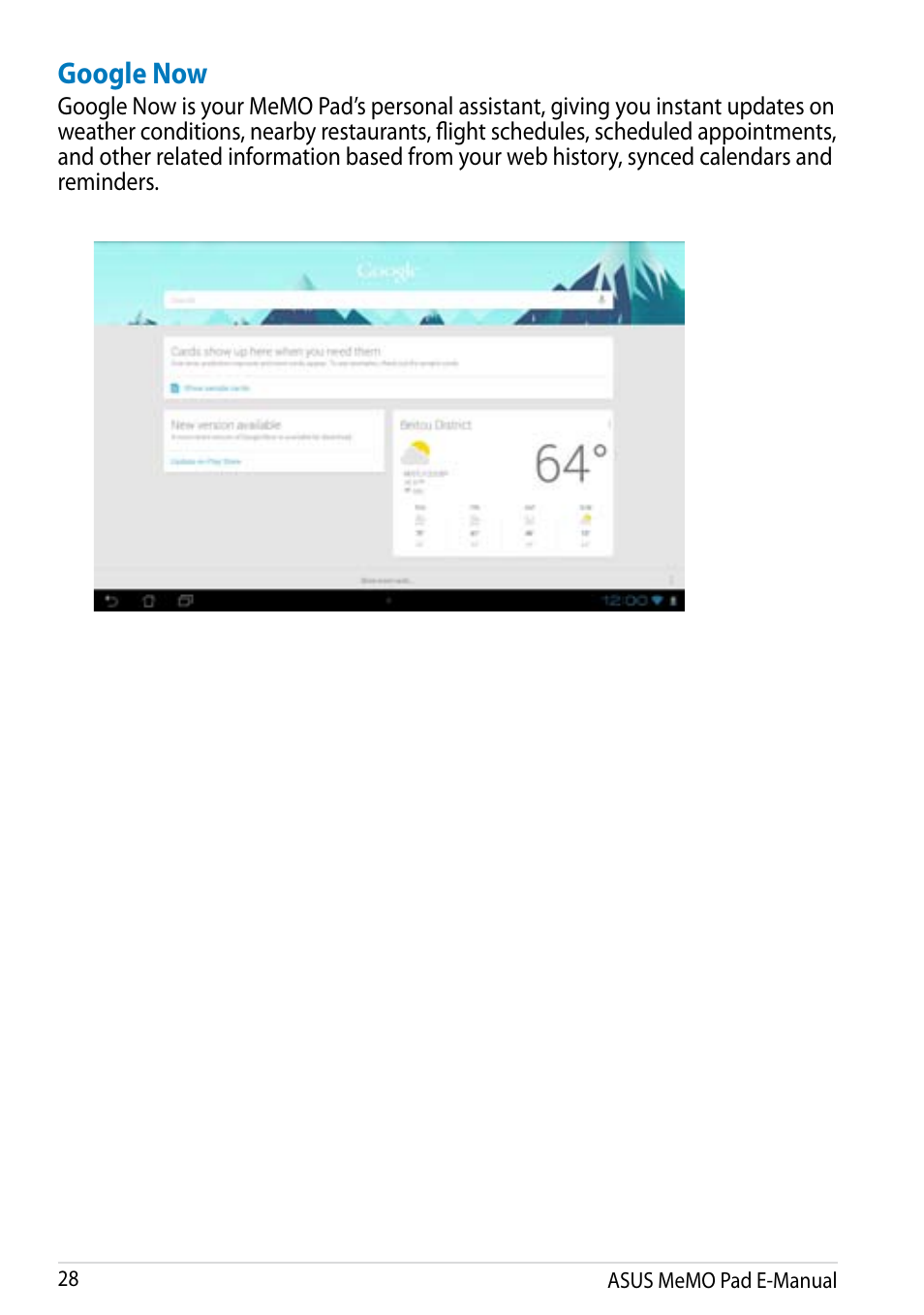 Google now | Asus MeMO Pad Smart 10 User Manual | Page 28 / 92