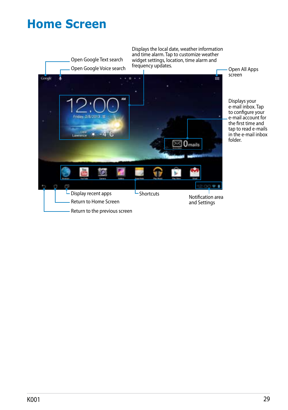 Home screen, K001 | Asus MeMO Pad Smart 10 User Manual | Page 29 / 92