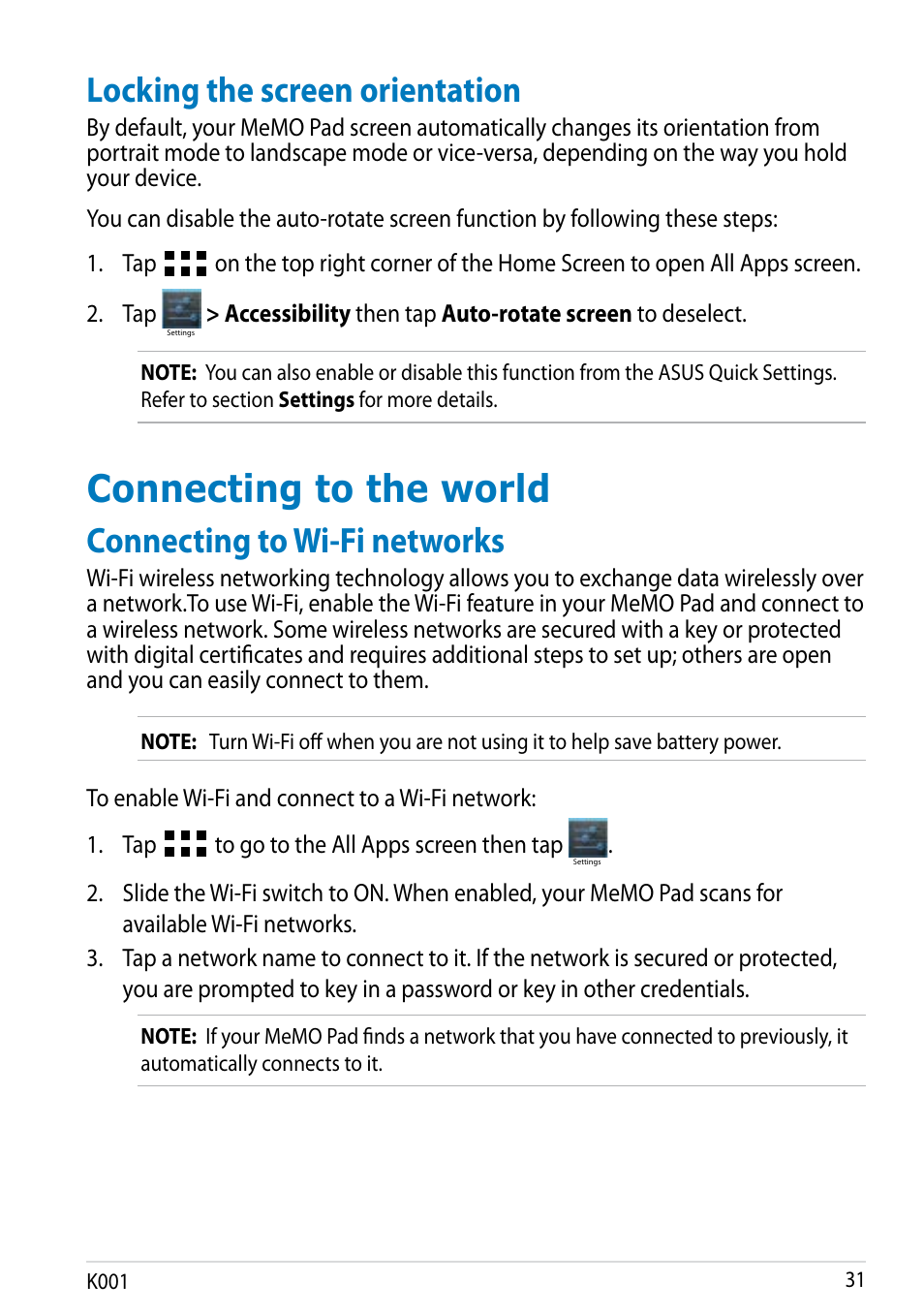 Locking the screen orientation, Connecting to the world, Connecting to wi-fi networks | K001 1 | Asus MeMO Pad Smart 10 User Manual | Page 31 / 92