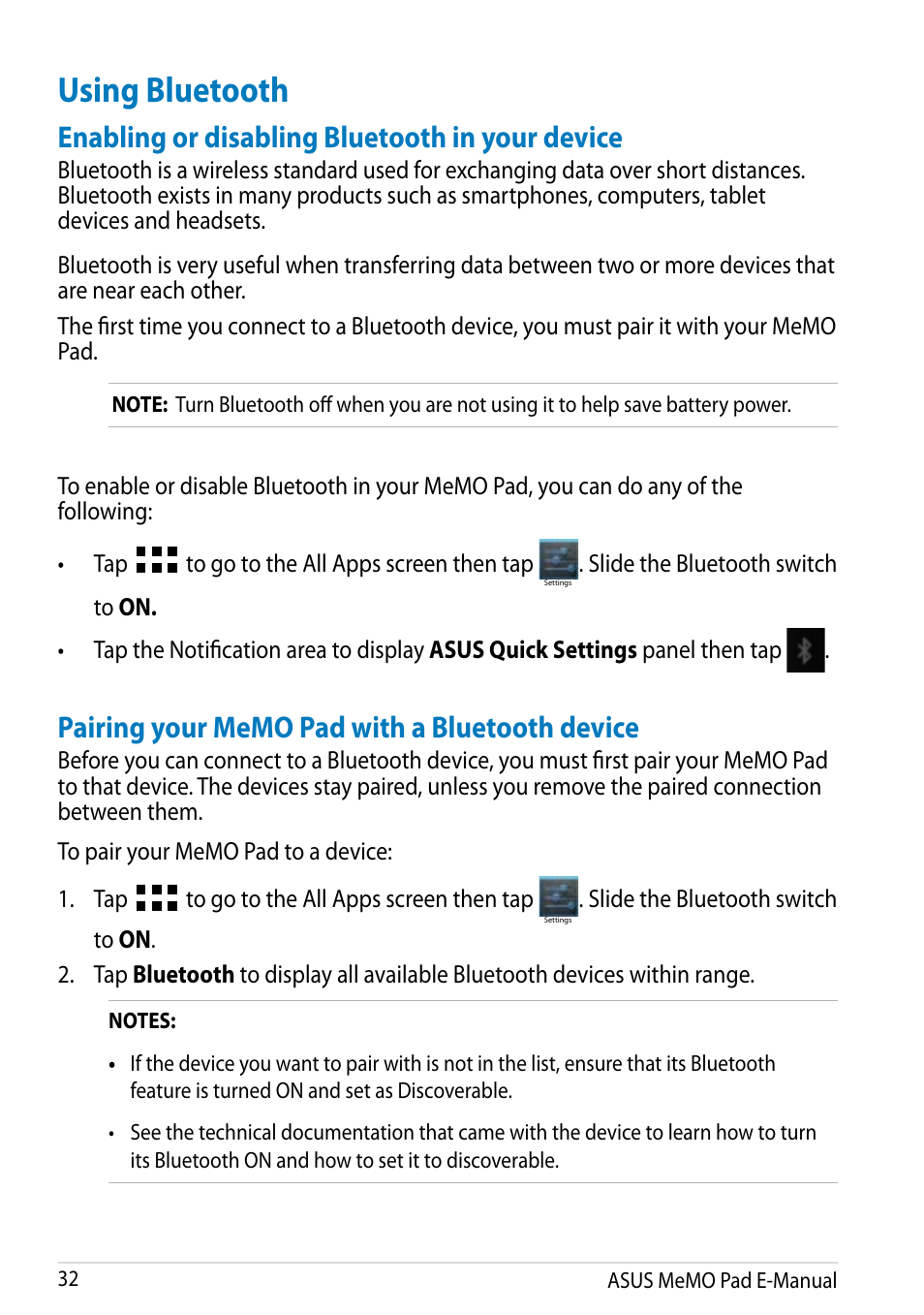 Using bluetooth, Enabling or disabling bluetooth in your device | Asus MeMO Pad Smart 10 User Manual | Page 32 / 92