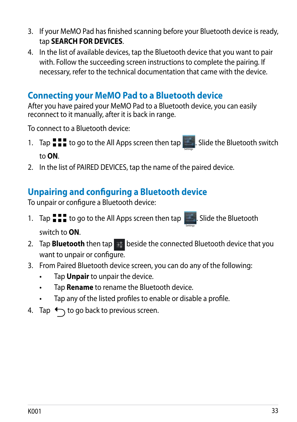 Unpairing and configuring a bluetooth device, K001 | Asus MeMO Pad Smart 10 User Manual | Page 33 / 92