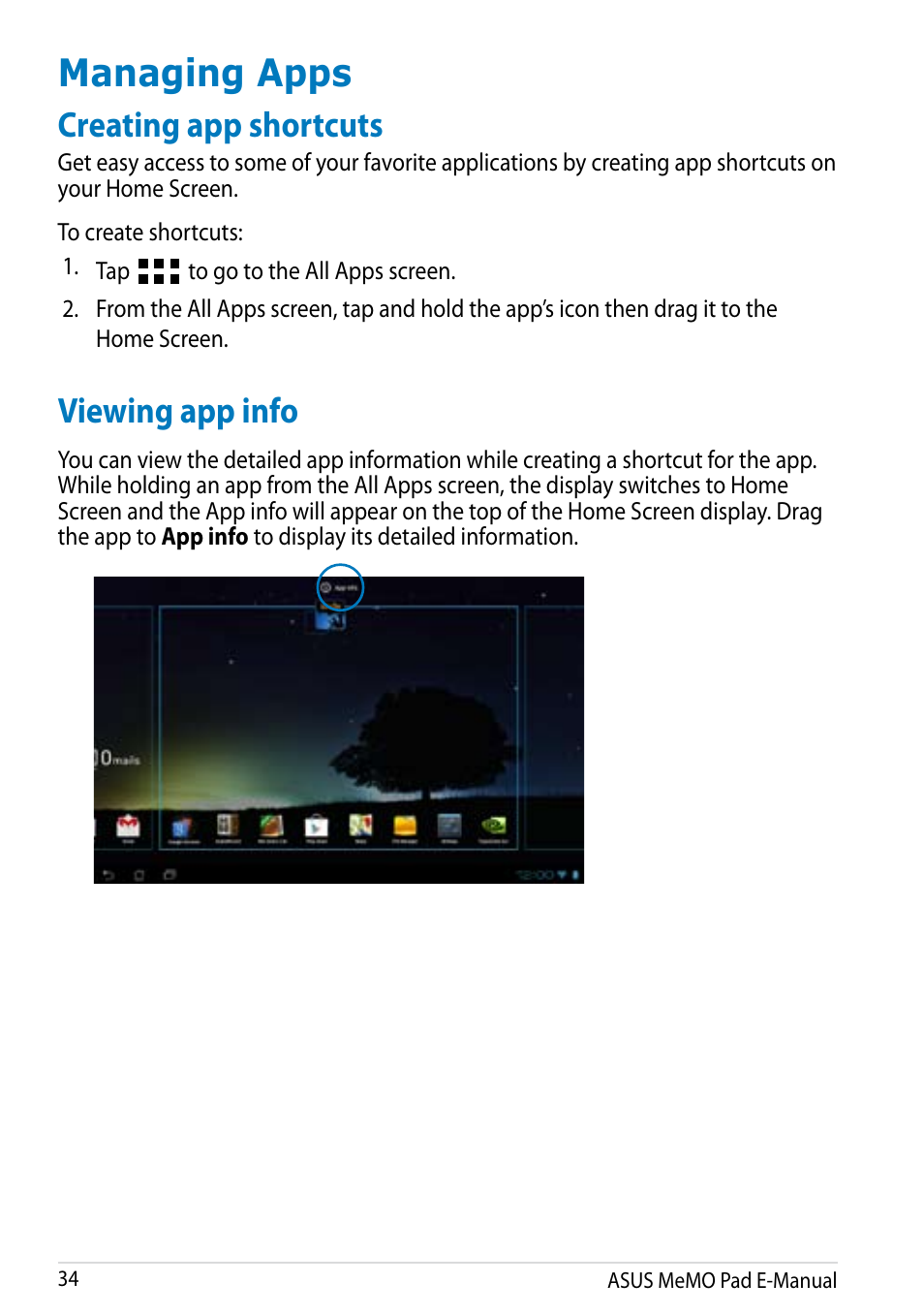 Managing apps, Creating app shortcuts, Viewing app info | Creating app shortcuts viewing app info | Asus MeMO Pad Smart 10 User Manual | Page 34 / 92
