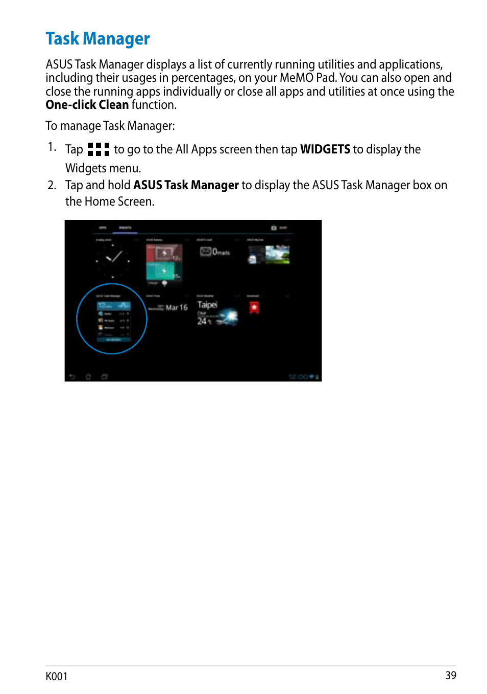 Task manager, K001 | Asus MeMO Pad Smart 10 User Manual | Page 39 / 92