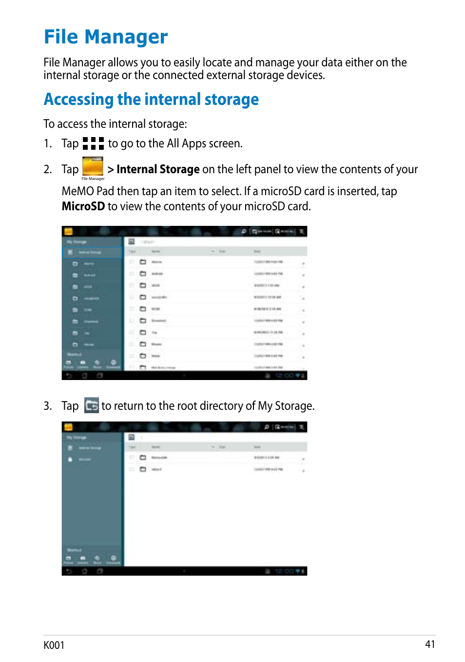 File manager, Accessing the internal storage, K001 1 | Asus MeMO Pad Smart 10 User Manual | Page 41 / 92