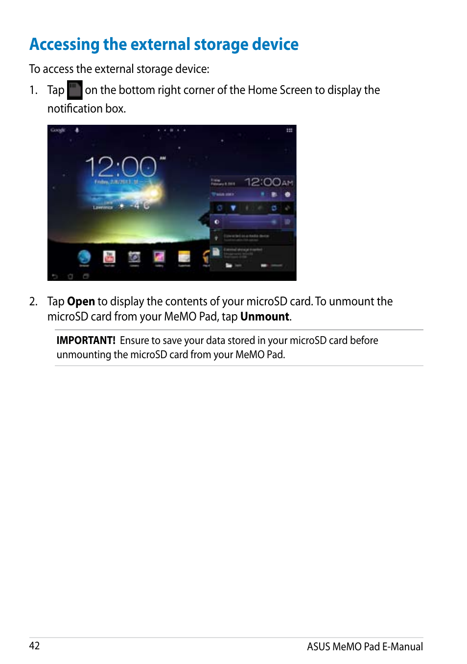 Accessing the external storage device | Asus MeMO Pad Smart 10 User Manual | Page 42 / 92