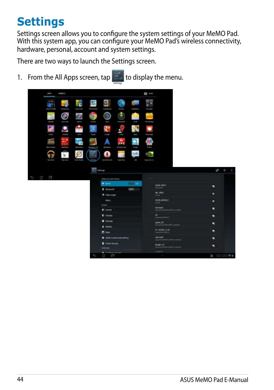 Settings | Asus MeMO Pad Smart 10 User Manual | Page 44 / 92