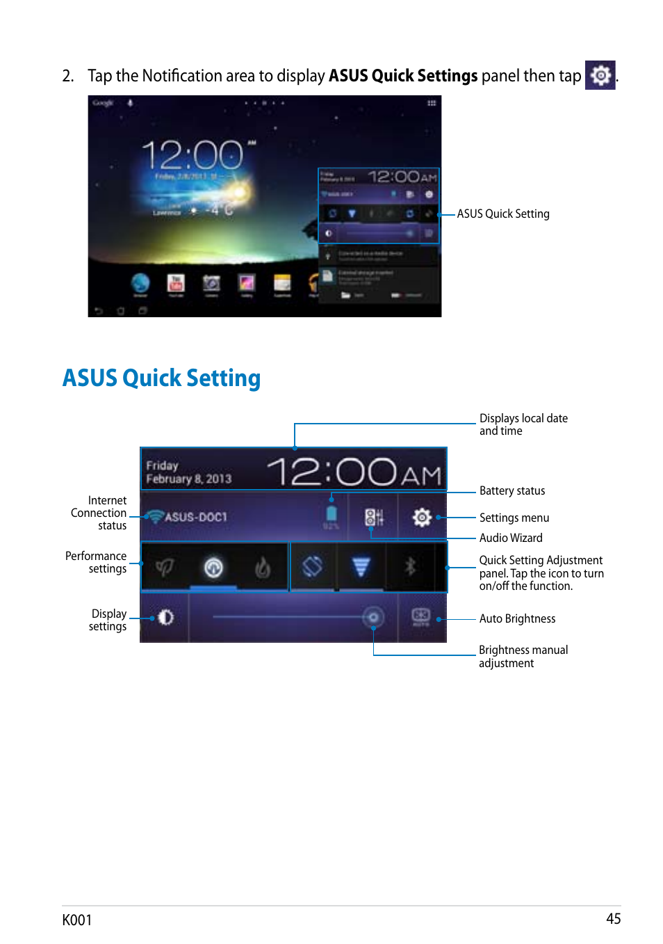 Asus quick setting | Asus MeMO Pad Smart 10 User Manual | Page 45 / 92