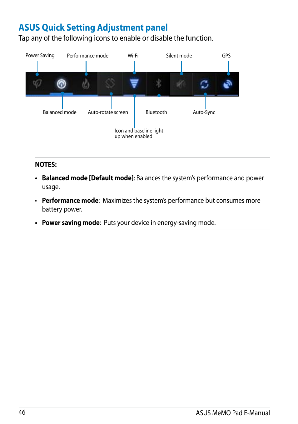 Asus quick setting adjustment panel | Asus MeMO Pad Smart 10 User Manual | Page 46 / 92