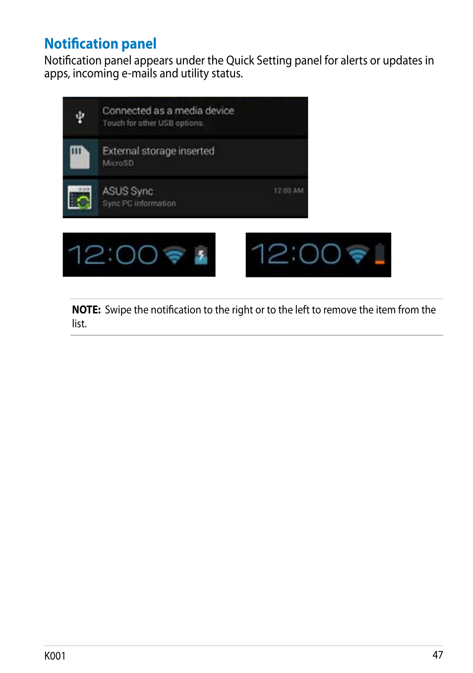 Notification panel | Asus MeMO Pad Smart 10 User Manual | Page 47 / 92