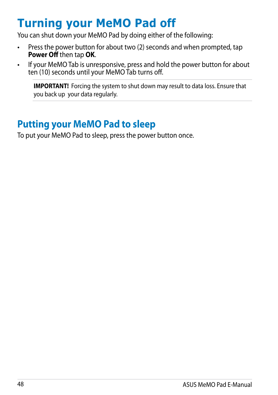 Turning your memo pad off, Putting your memo pad to sleep | Asus MeMO Pad Smart 10 User Manual | Page 48 / 92