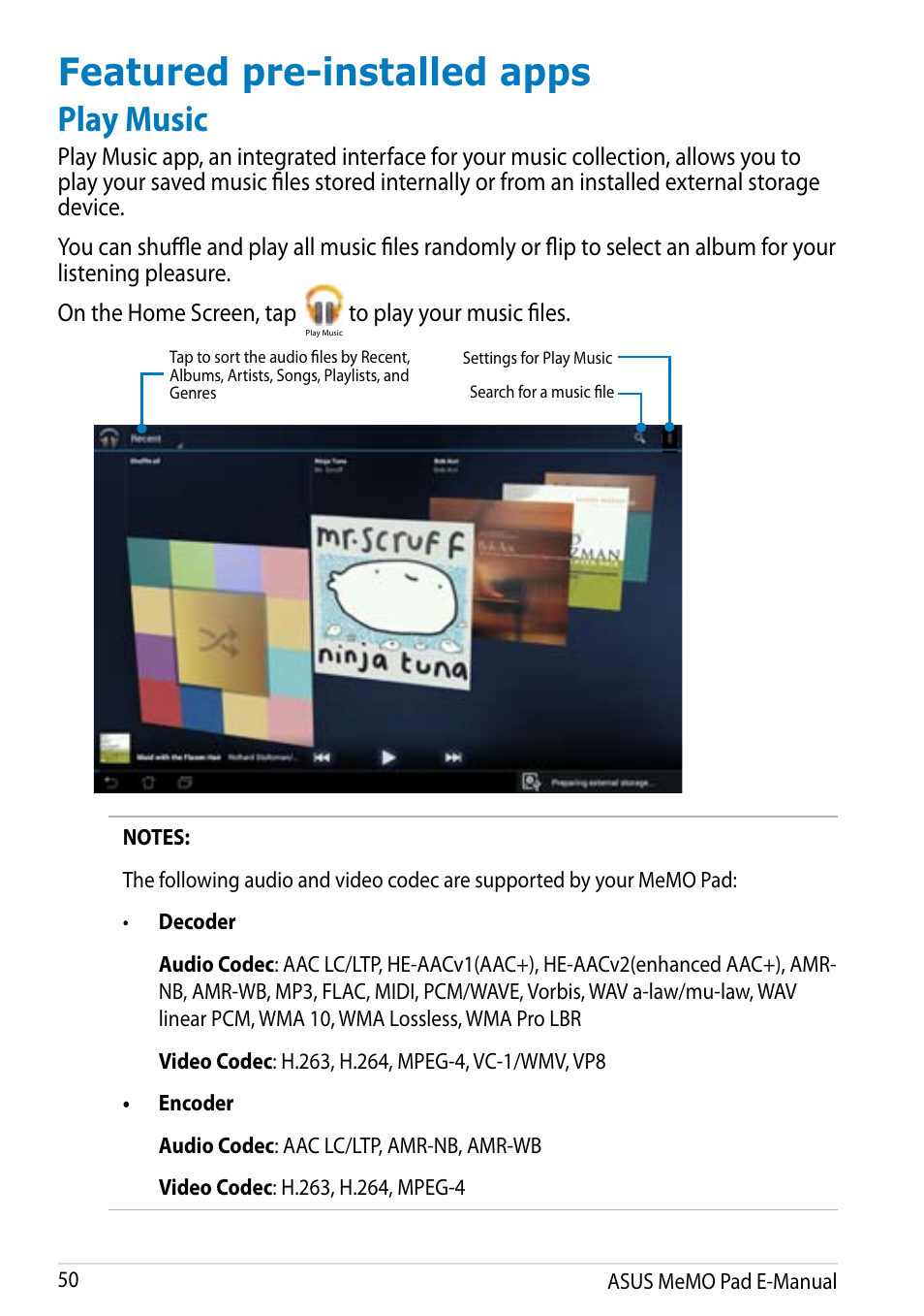 Featured pre-installed apps, Play music | Asus MeMO Pad Smart 10 User Manual | Page 50 / 92