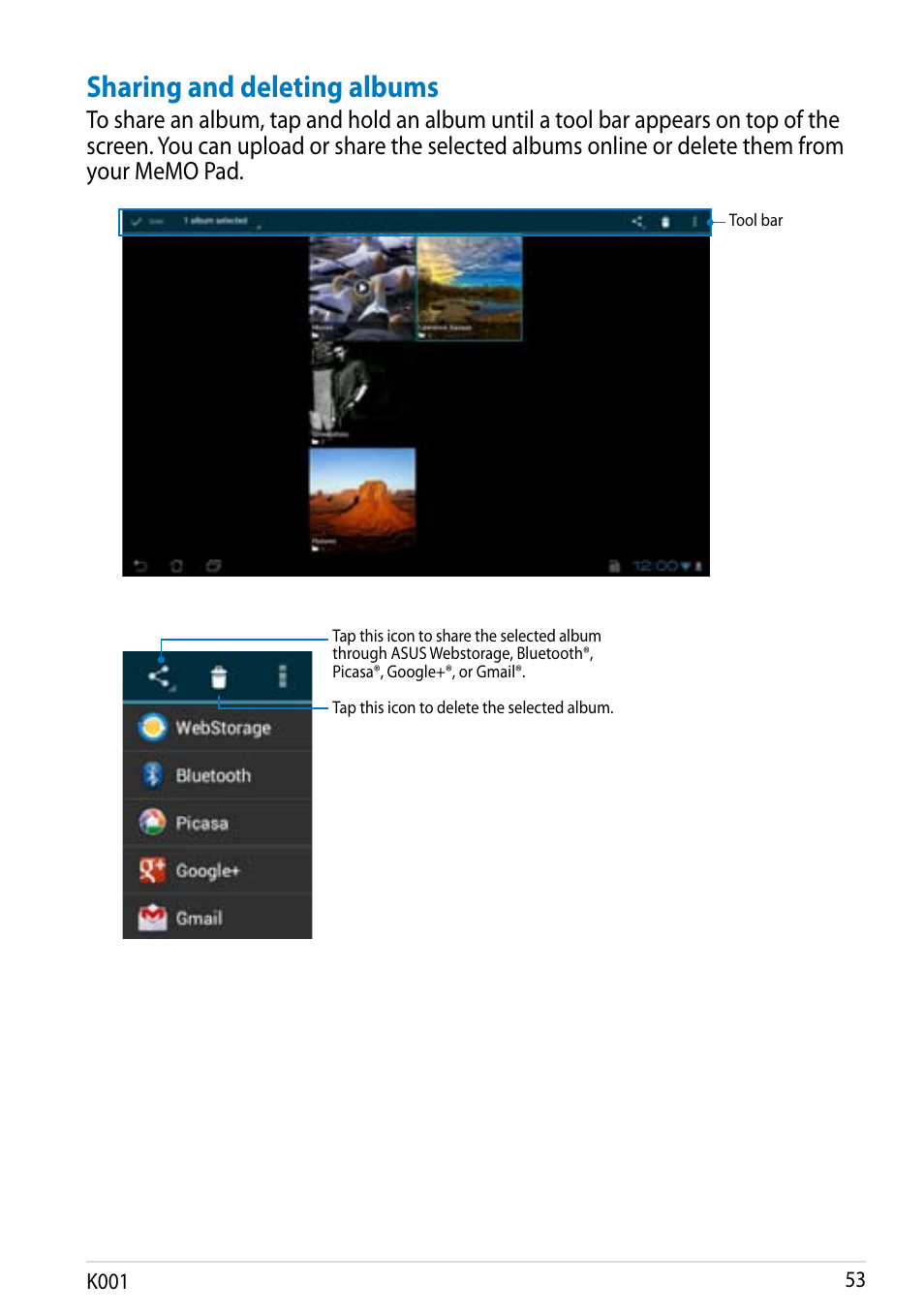 Sharing and deleting albums | Asus MeMO Pad Smart 10 User Manual | Page 53 / 92