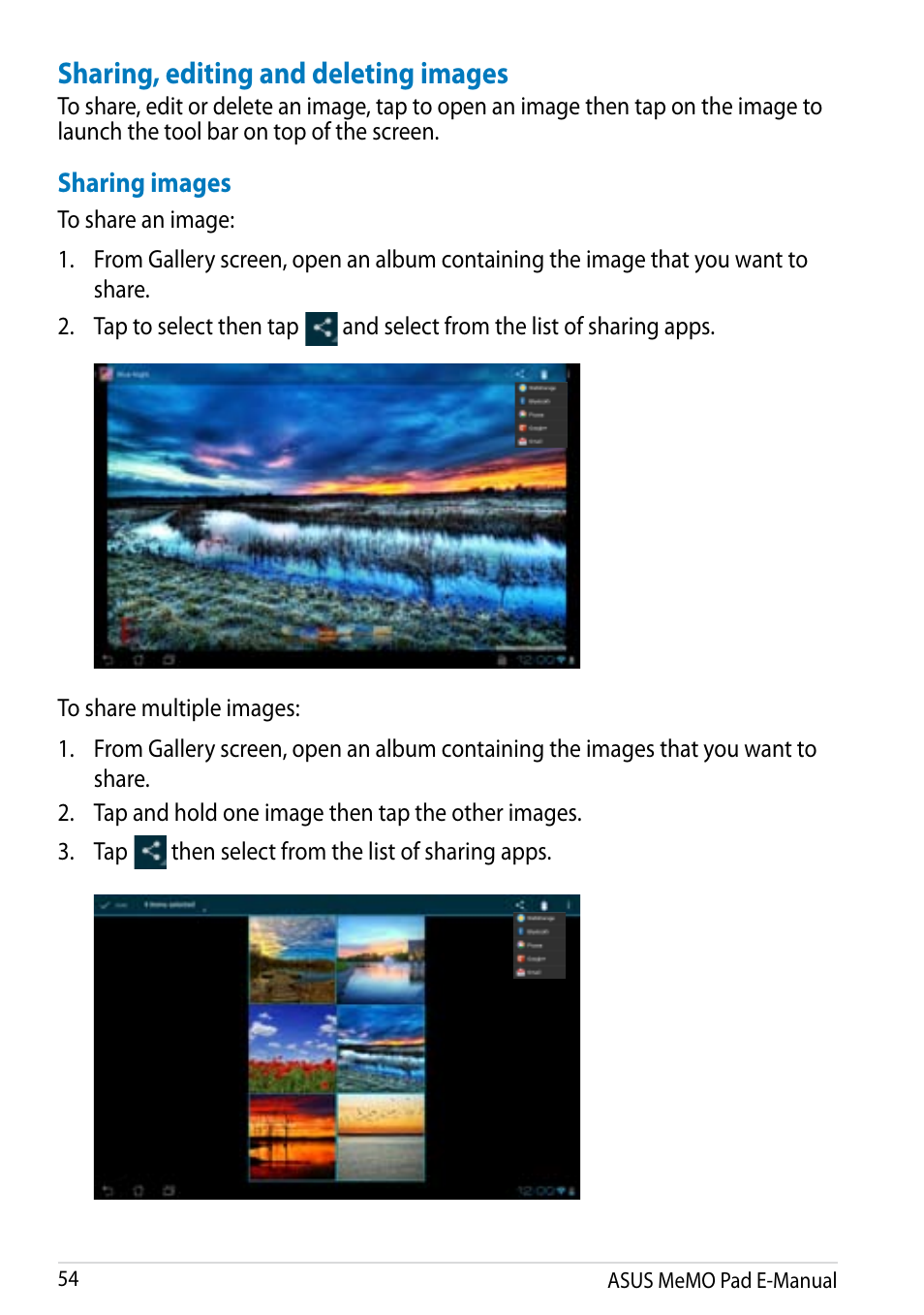 Sharing, editing and deleting images, Sharing images, Then select from the list of sharing apps | Asus MeMO Pad Smart 10 User Manual | Page 54 / 92