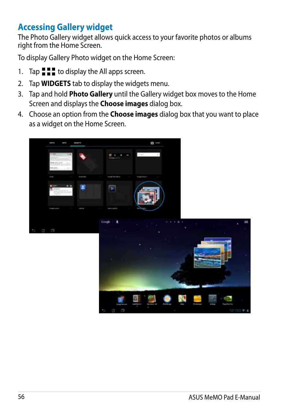 Accessing gallery widget | Asus MeMO Pad Smart 10 User Manual | Page 56 / 92