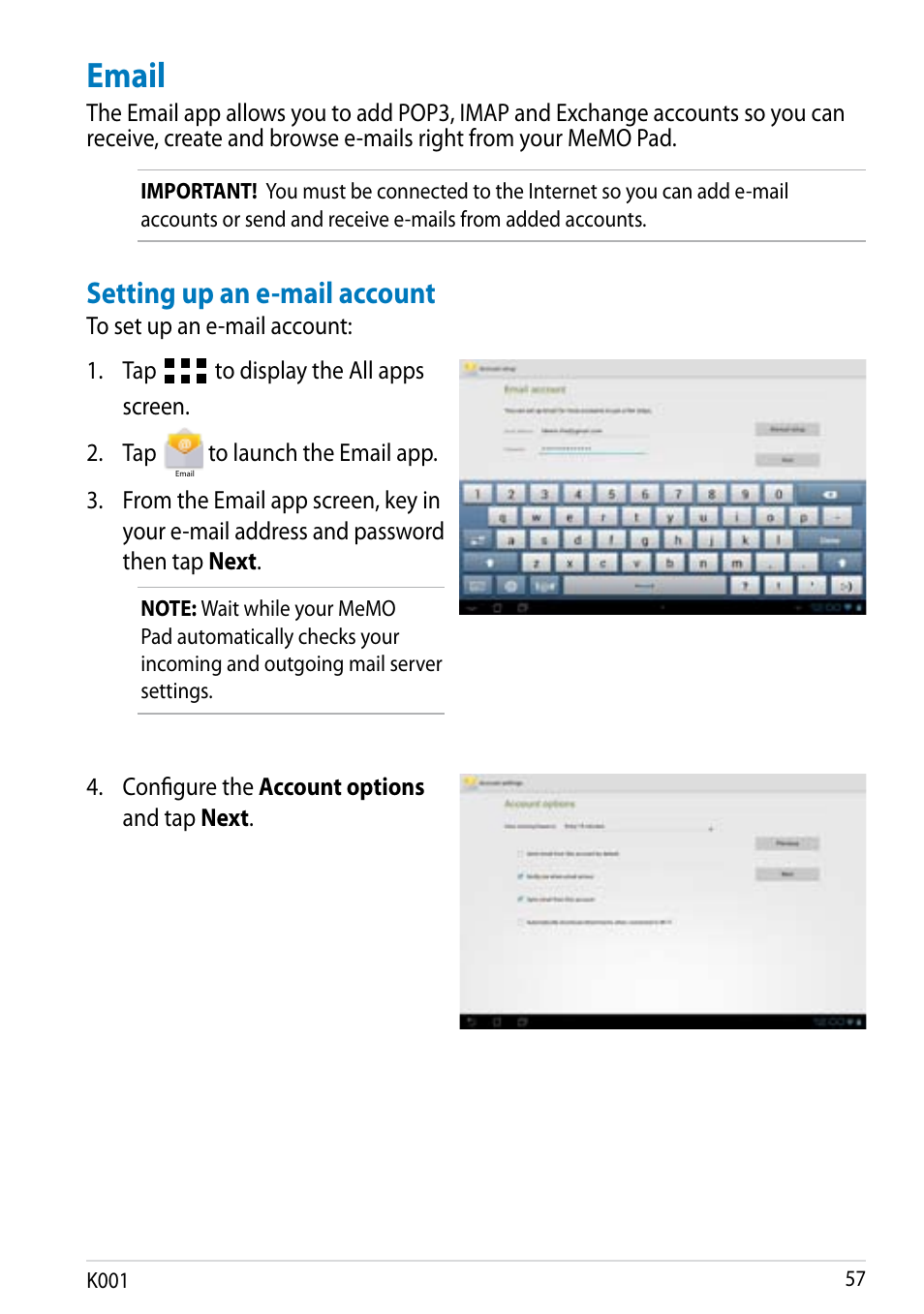 Email, Setting up an e-mail account, Configure the account options and tap next | K001 | Asus MeMO Pad Smart 10 User Manual | Page 57 / 92