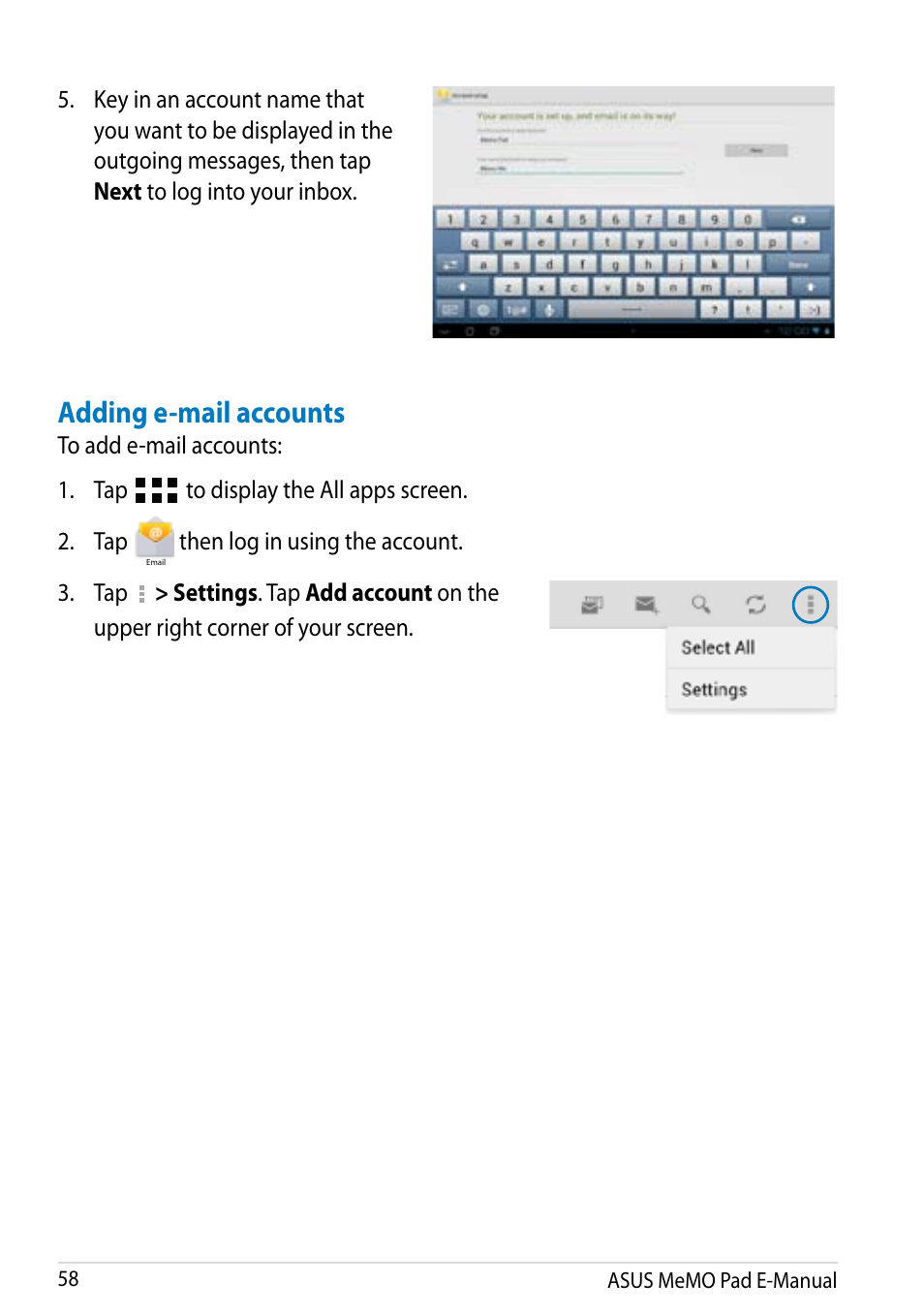 Adding e-mail accounts, Then log in using the account. 3. tap | Asus MeMO Pad Smart 10 User Manual | Page 58 / 92