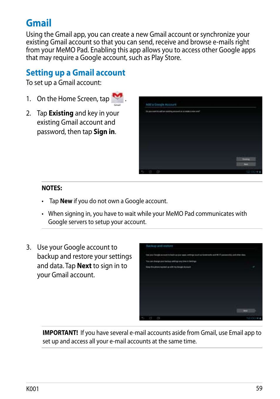 Gmail, Setting up a gmail account, K001 | Asus MeMO Pad Smart 10 User Manual | Page 59 / 92