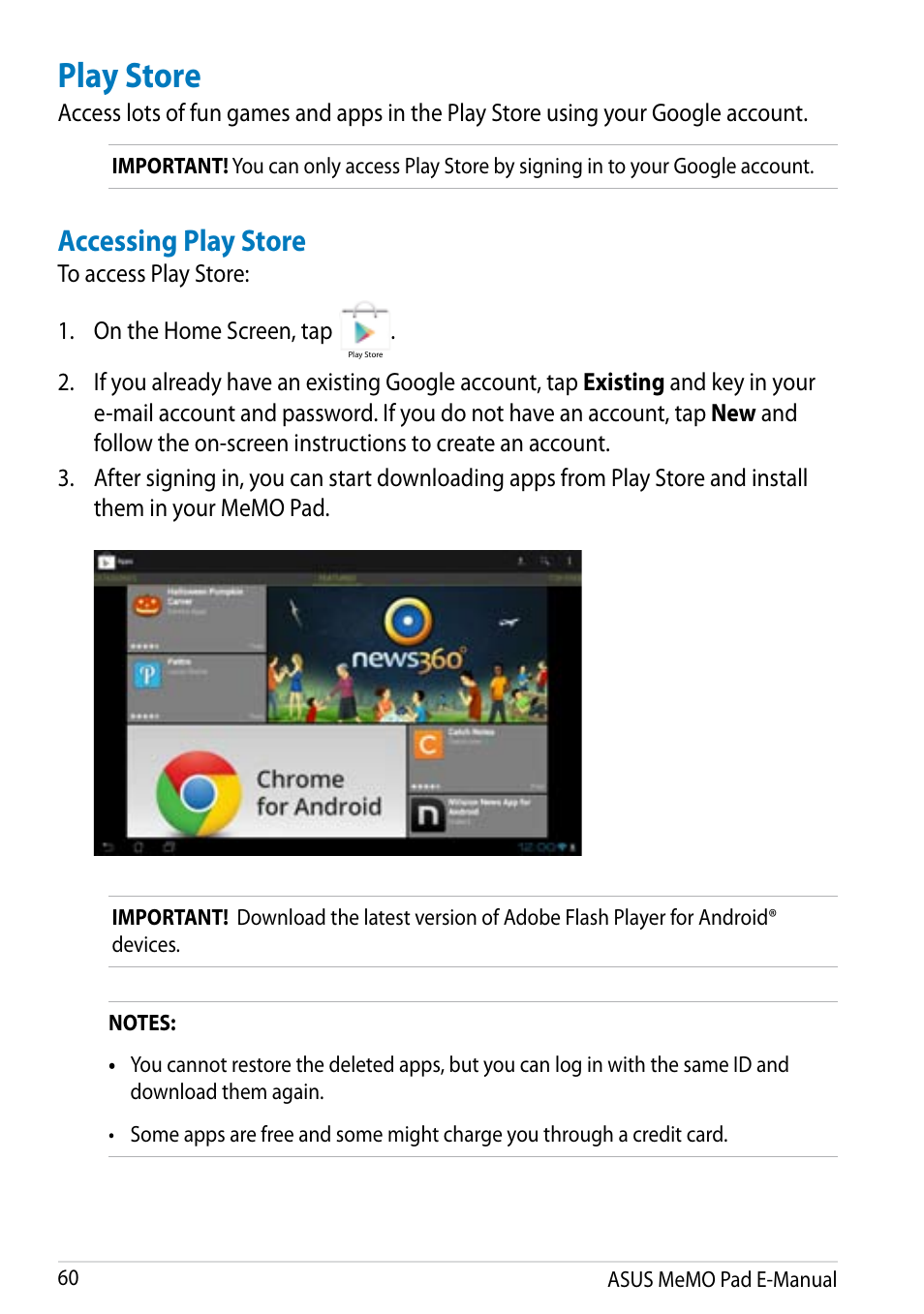 Play store, Accessing play store | Asus MeMO Pad Smart 10 User Manual | Page 60 / 92