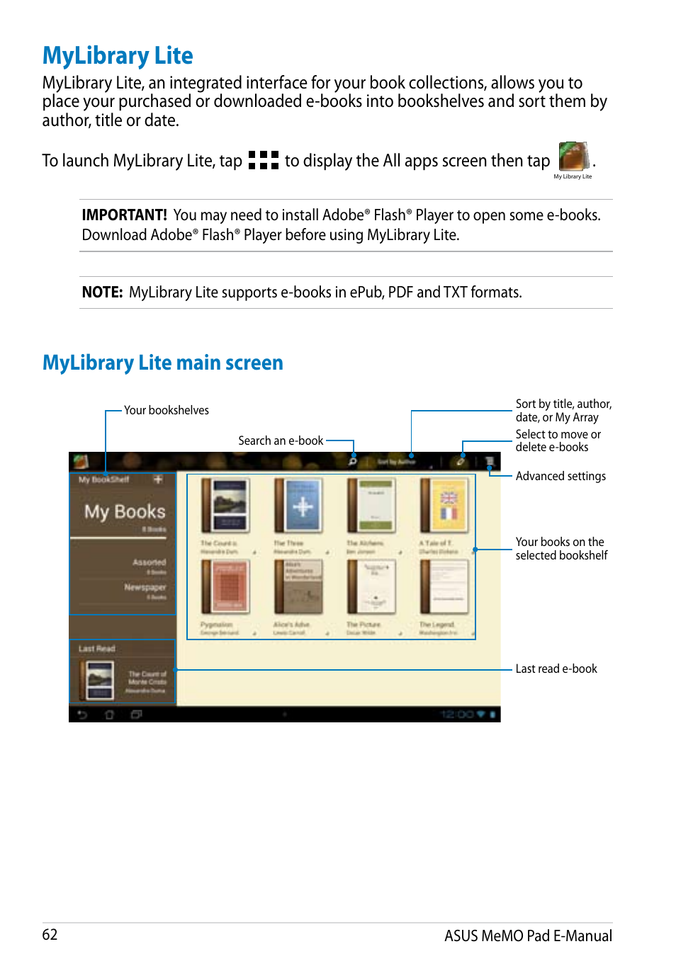 Mylibrary lite, Mylibrary lite main screen | Asus MeMO Pad Smart 10 User Manual | Page 62 / 92