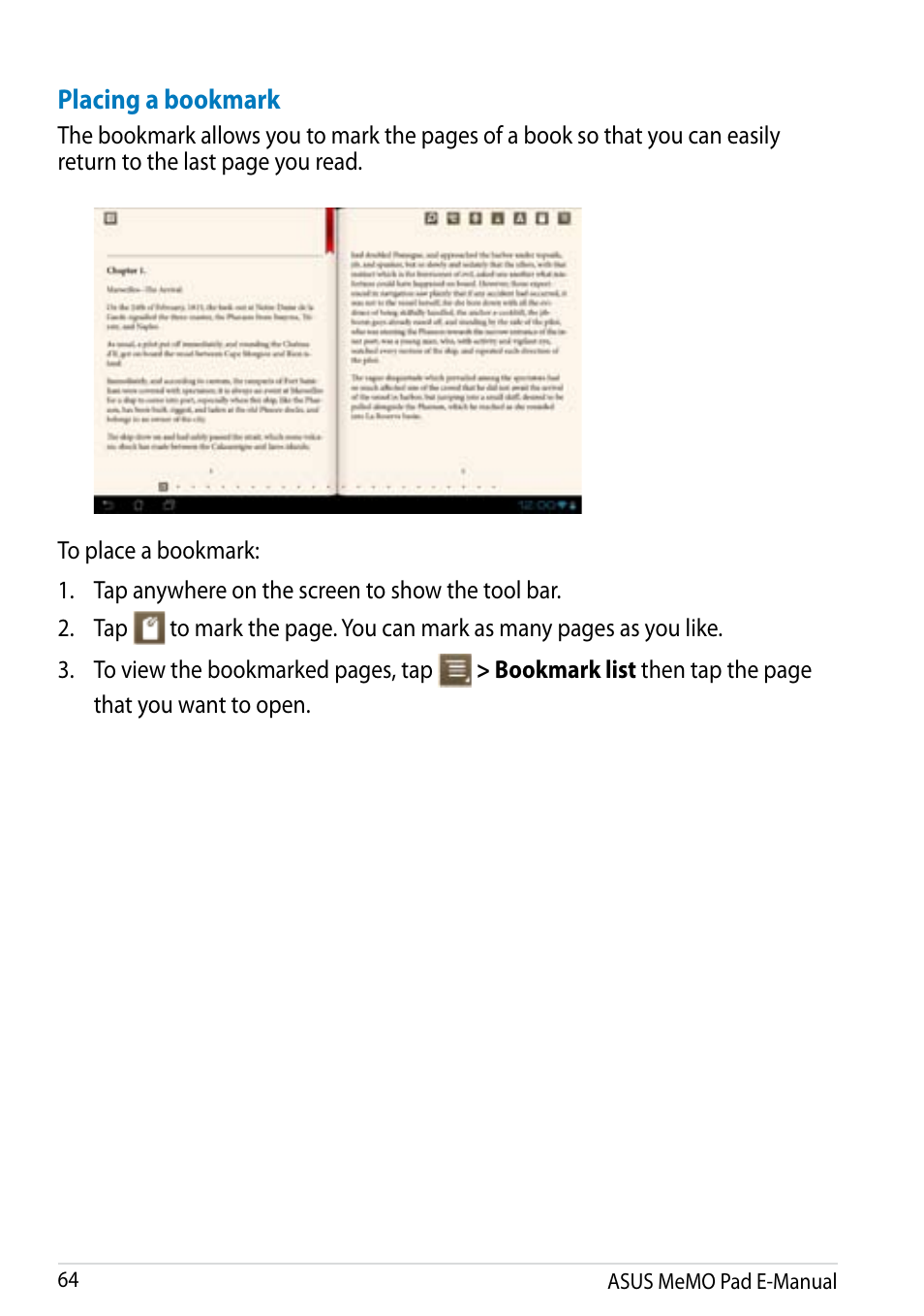 Placing a bookmark | Asus MeMO Pad Smart 10 User Manual | Page 64 / 92