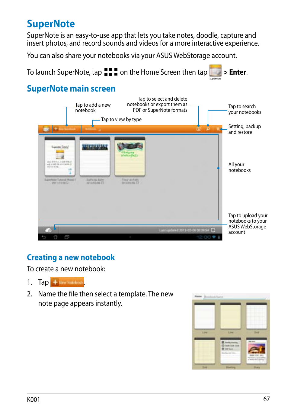 Supernote, On the home screen then tap, Enter | K001 | Asus MeMO Pad Smart 10 User Manual | Page 67 / 92