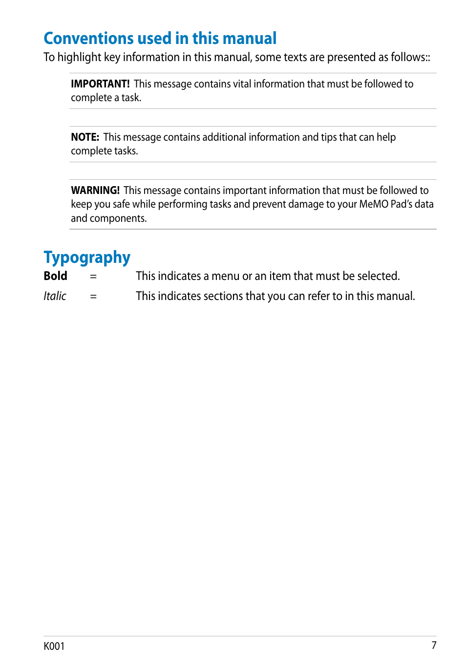 Conventions used in this manual, Typography, Conventions used in this manual typography | Asus MeMO Pad Smart 10 User Manual | Page 7 / 92
