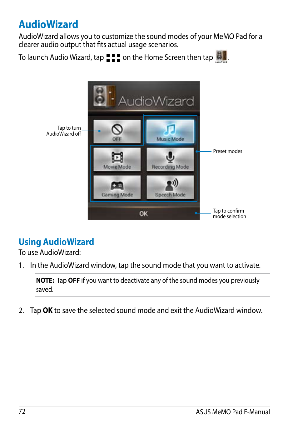 Audiowizard, Using audiowizard, On the home screen then tap | Asus MeMO Pad Smart 10 User Manual | Page 72 / 92